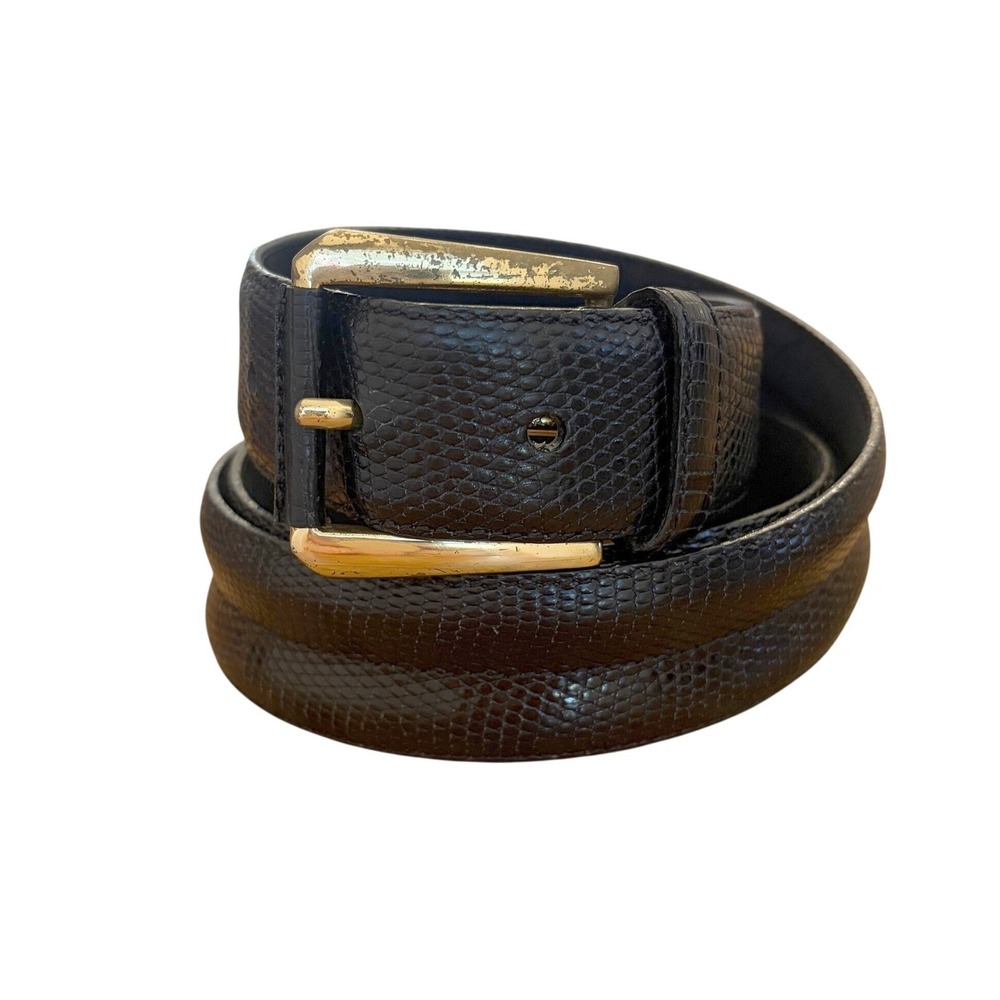 Saks Fifth Avenue Genuine Lizard Belt Mens 34 Exotic Solid Brass Black Spain